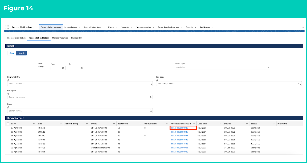 Figure 14: screenshot for QRG Review Reconciliation History (Results)