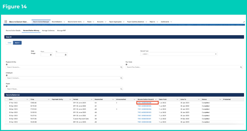 Figure 14: screenshot for QRG Review Reconciliation History (Results)