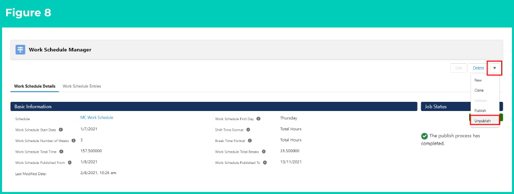 Figure 8: screenshot for QRG Validate, Publish and Unpublish Work Schedules