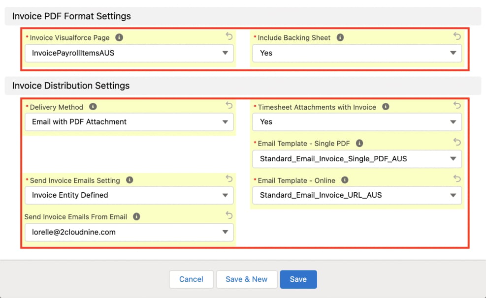 Screenshot from QRG Create Invoice Settings