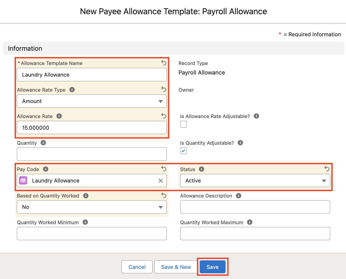 Screenshot from QRG Create a Payee Allowance Template