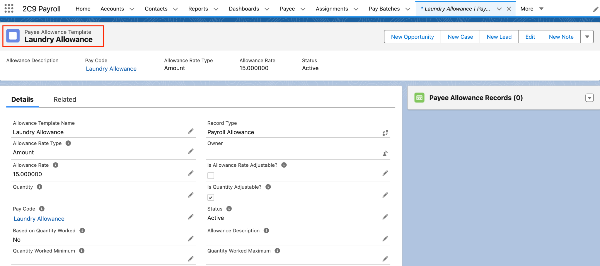 Screenshot from QRG Create a Payee Allowance Template
