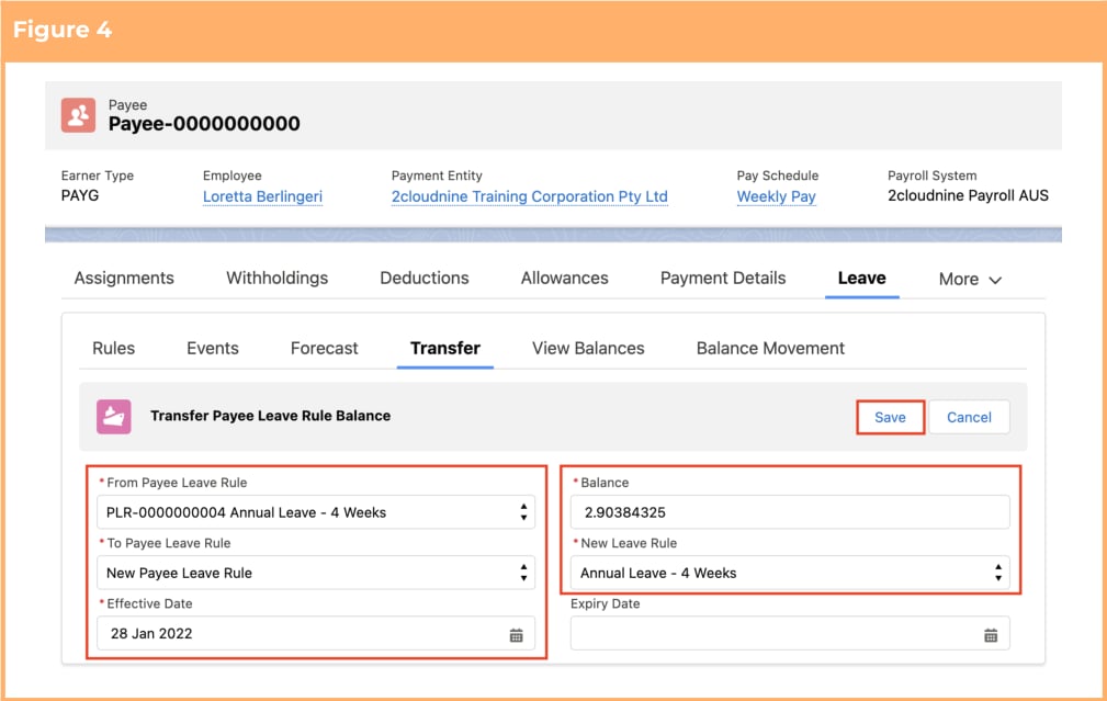 Screenshot from QRG Payee Leave Transfer