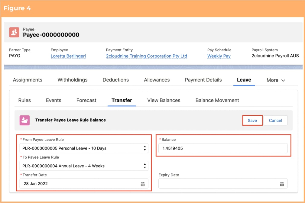 Screenshot from QRG Payee Leave Transfer