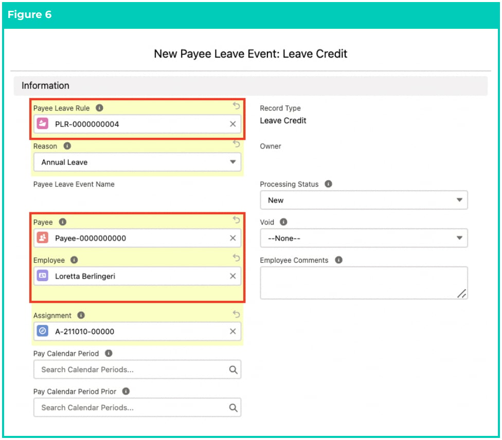Screenshot from QRG Create Leave Credit - Payroll Users