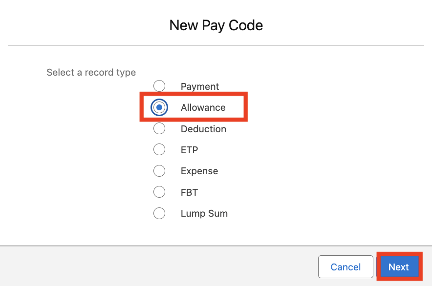 Screenshot from QRG Create Pay Codes - Allowance Pay Codes