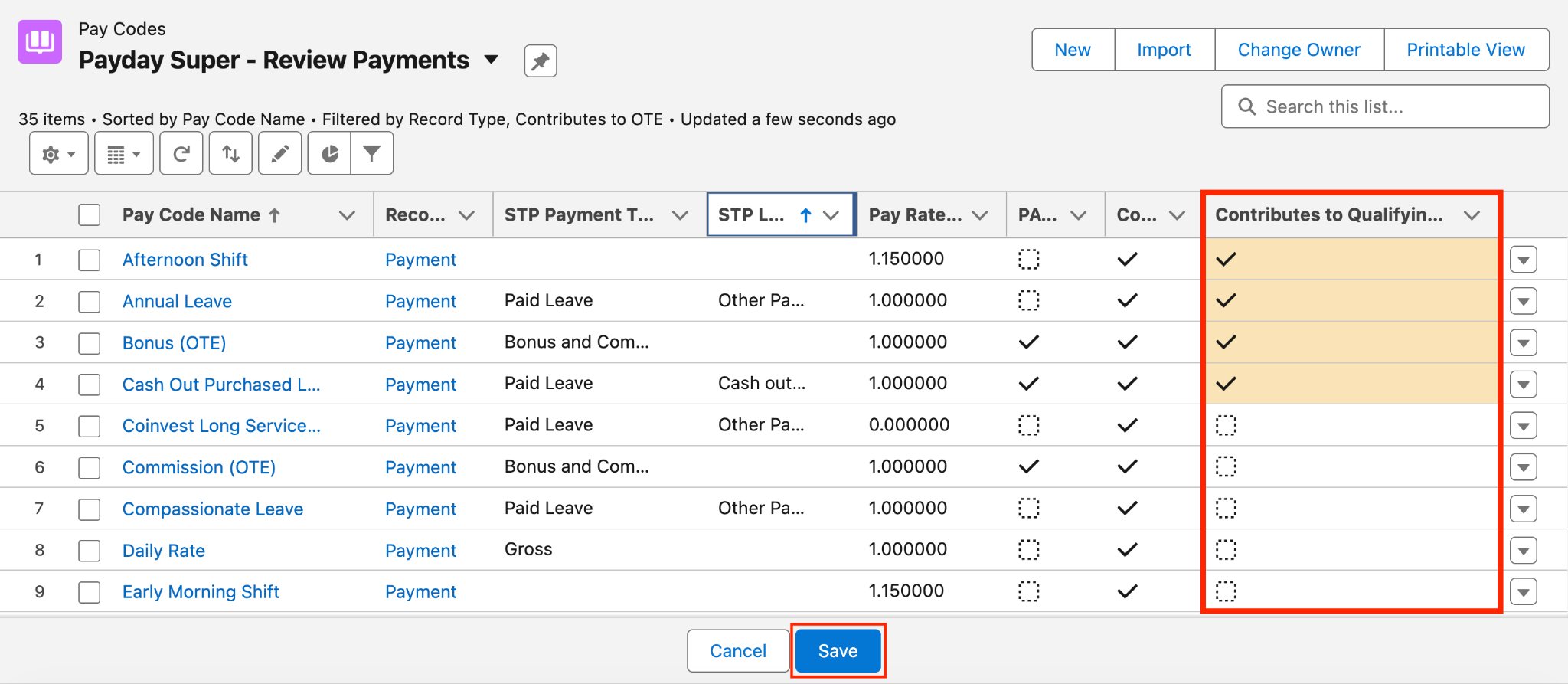 Screenshot from QRG Payday Super Data Updates - Pay Codes
