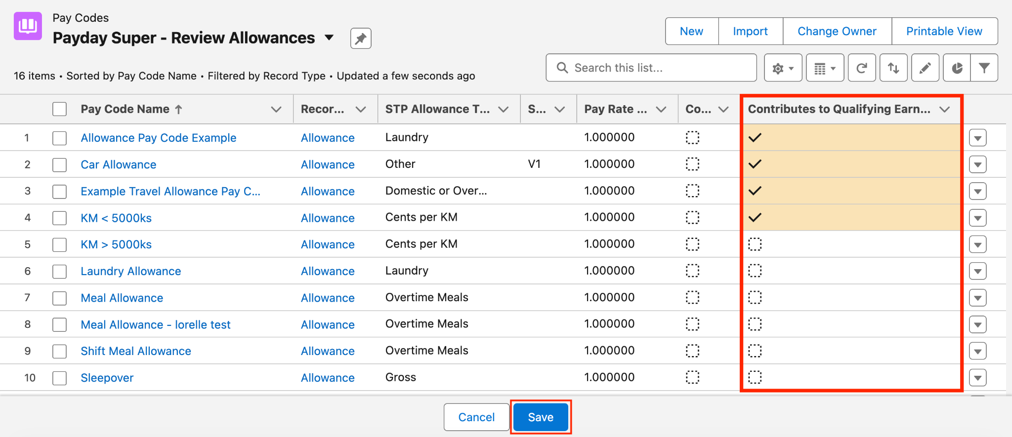 Screenshot from QRG Payday Super Data Updates - Pay Codes
