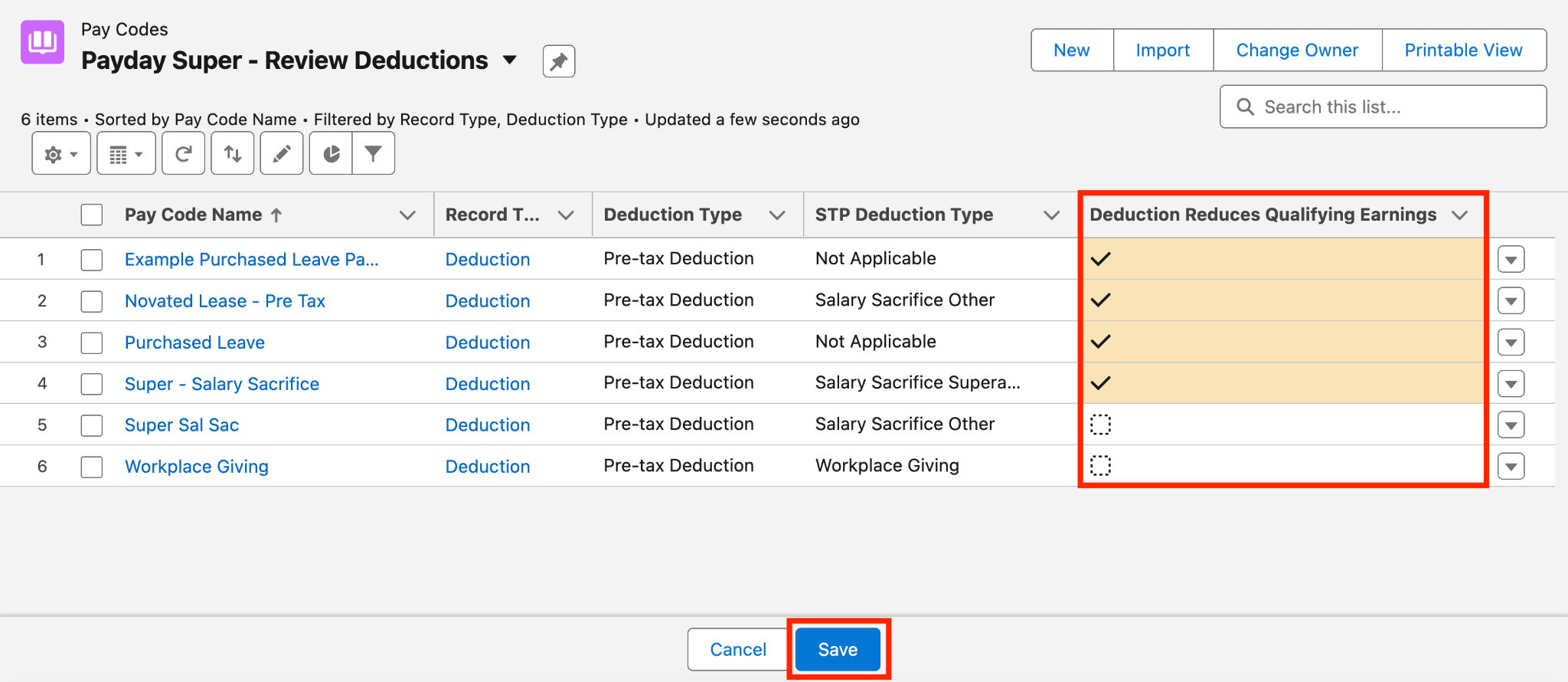 Screenshot from QRG Payday Super Data Updates - Pay Codes