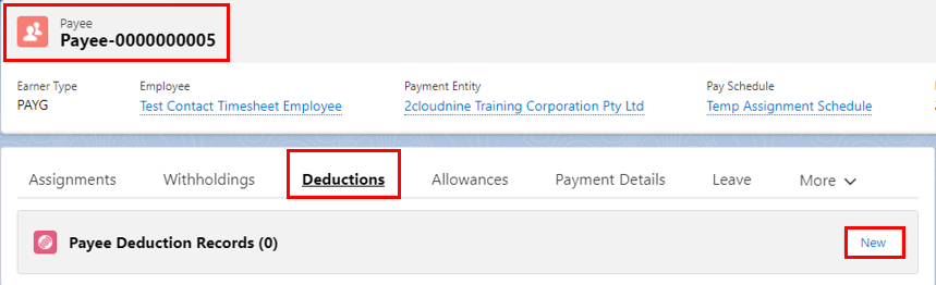 Screenshot from QRG Create a Payee Deduction - General