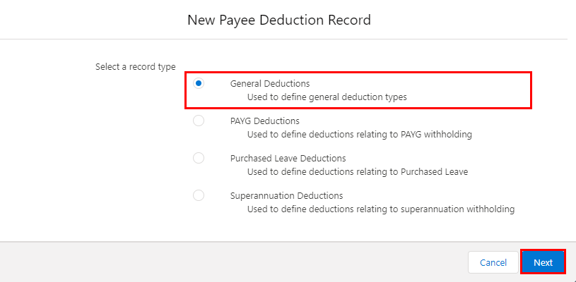 Screenshot from QRG Create a Payee Deduction - General