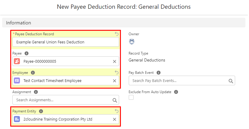 Screenshot from QRG Create a Payee Deduction - General