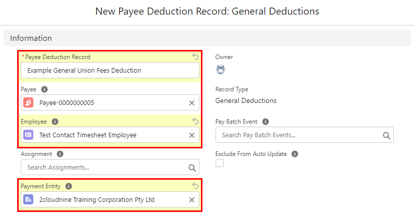 Screenshot from QRG Create a Payee Deduction - General