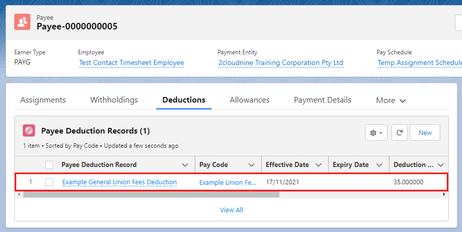 Screenshot from QRG Create a Payee Deduction - General