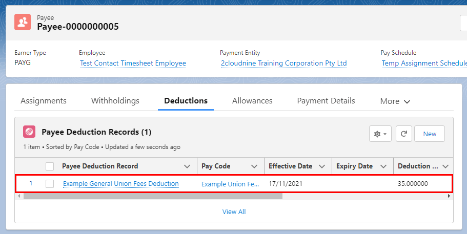 Screenshot from QRG Create a Payee Deduction - General