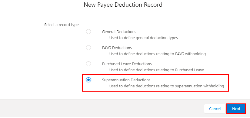 Screenshot from QRG Create a Payee Deduction - Superannuation