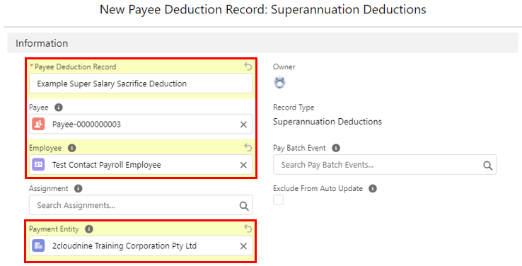 Screenshot from QRG Create a Payee Deduction - Superannuation
