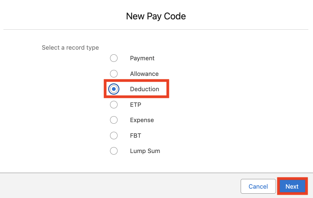 Screenshot from QRG Create Pay Codes - Deduction Pay Codes