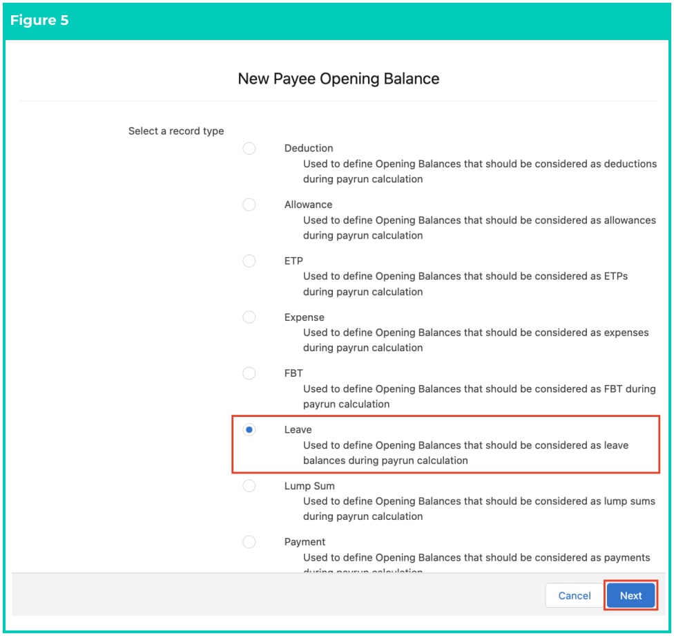 Screenshot from QRG Define Payee Opening Balances - Leave
