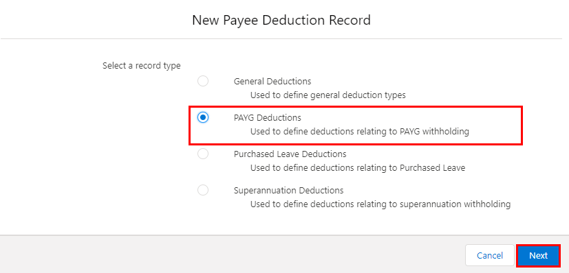Screenshot from QRG Create a Payee Deduction - PAYG