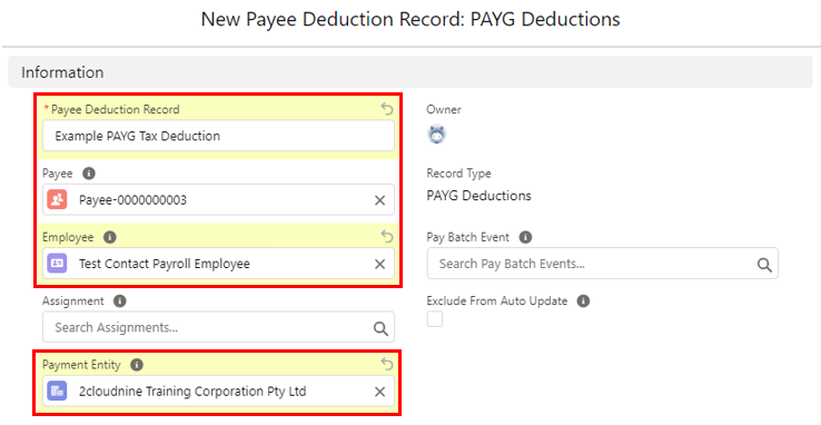 Screenshot from QRG Create a Payee Deduction - PAYG