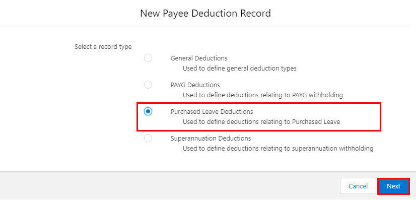Screenshot from QRG Create a Payee Deduction - Purchased Leave