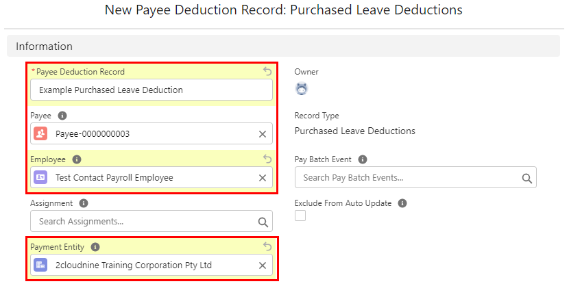 Screenshot from QRG Create a Payee Deduction - Purchased Leave