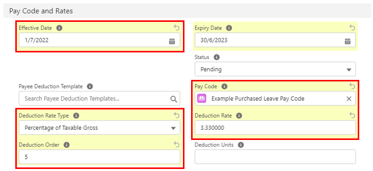 Screenshot from QRG Create a Payee Deduction - Purchased Leave