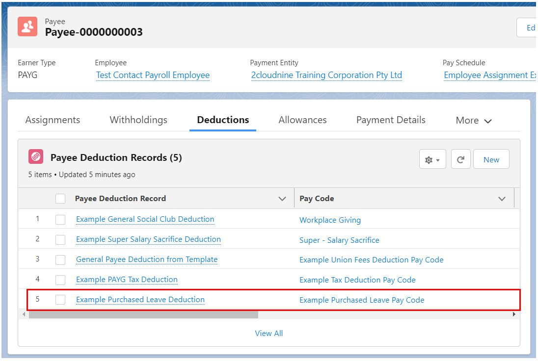 Screenshot from QRG Create a Payee Deduction - Purchased Leave