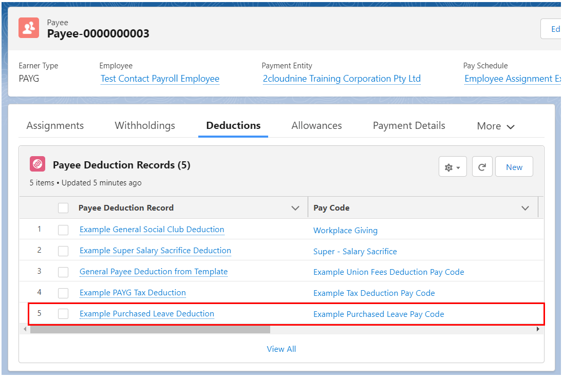 Screenshot from QRG Create a Payee Deduction - Purchased Leave
