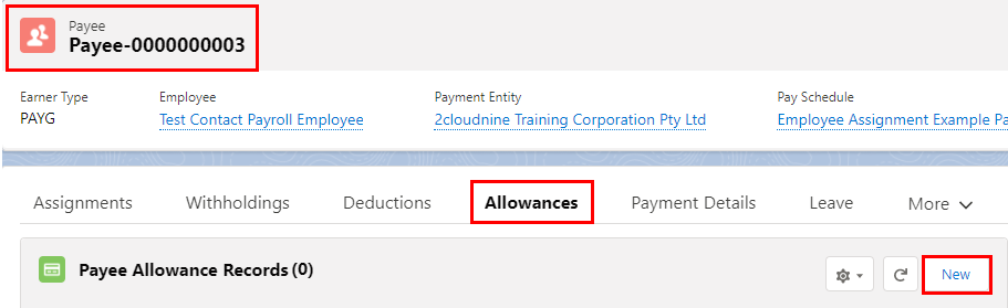 Screenshot from QRG Create Payee Allowances - Payroll