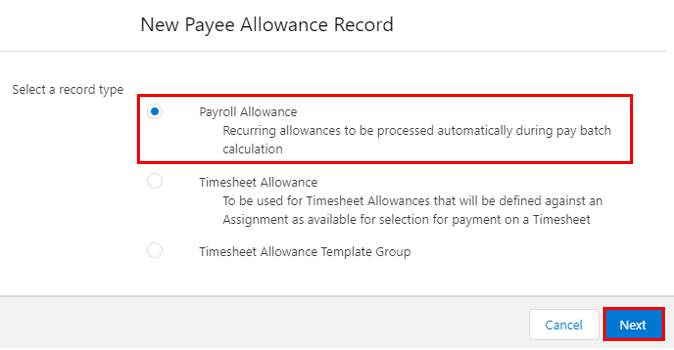 Screenshot from QRG Create Payee Allowances - Payroll