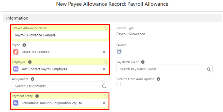Screenshot from QRG Create Payee Allowances - Payroll