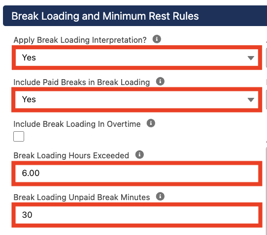 Screenshot from QRG Interpretation Rule Builder - Populate Break Loading & Minimum Rest Rules