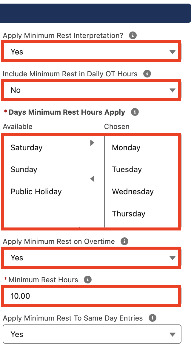 Screenshot from QRG Interpretation Rule Builder - Populate Break Loading & Minimum Rest Rules