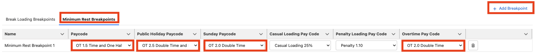 Screenshot from QRG Interpretation Rule Builder - Populate Break Loading & Minimum Rest Rules