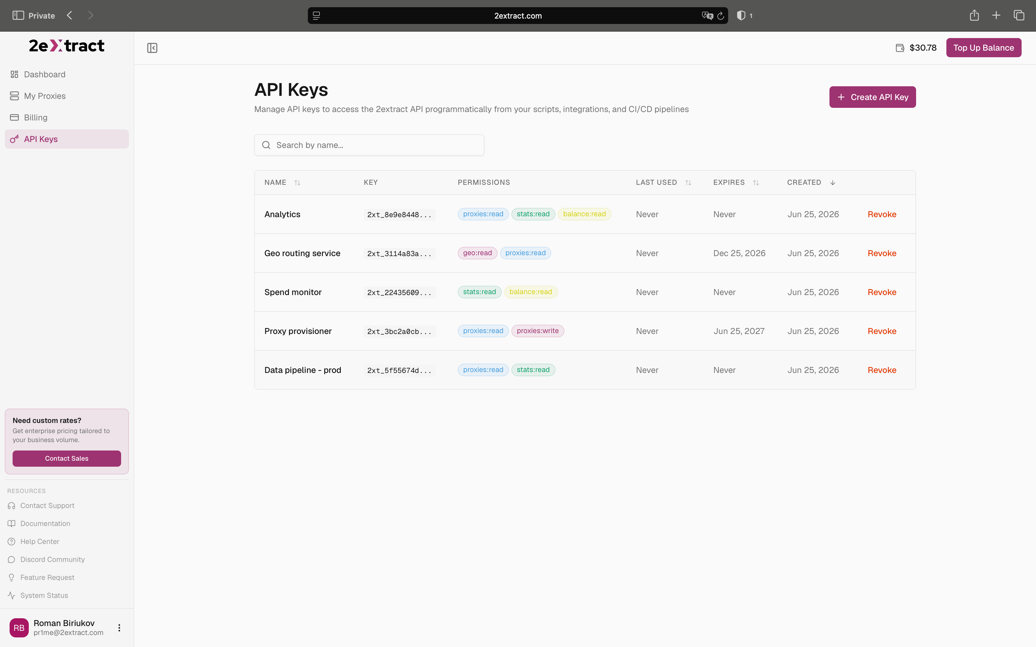 API Keys page in the 2extract dashboard