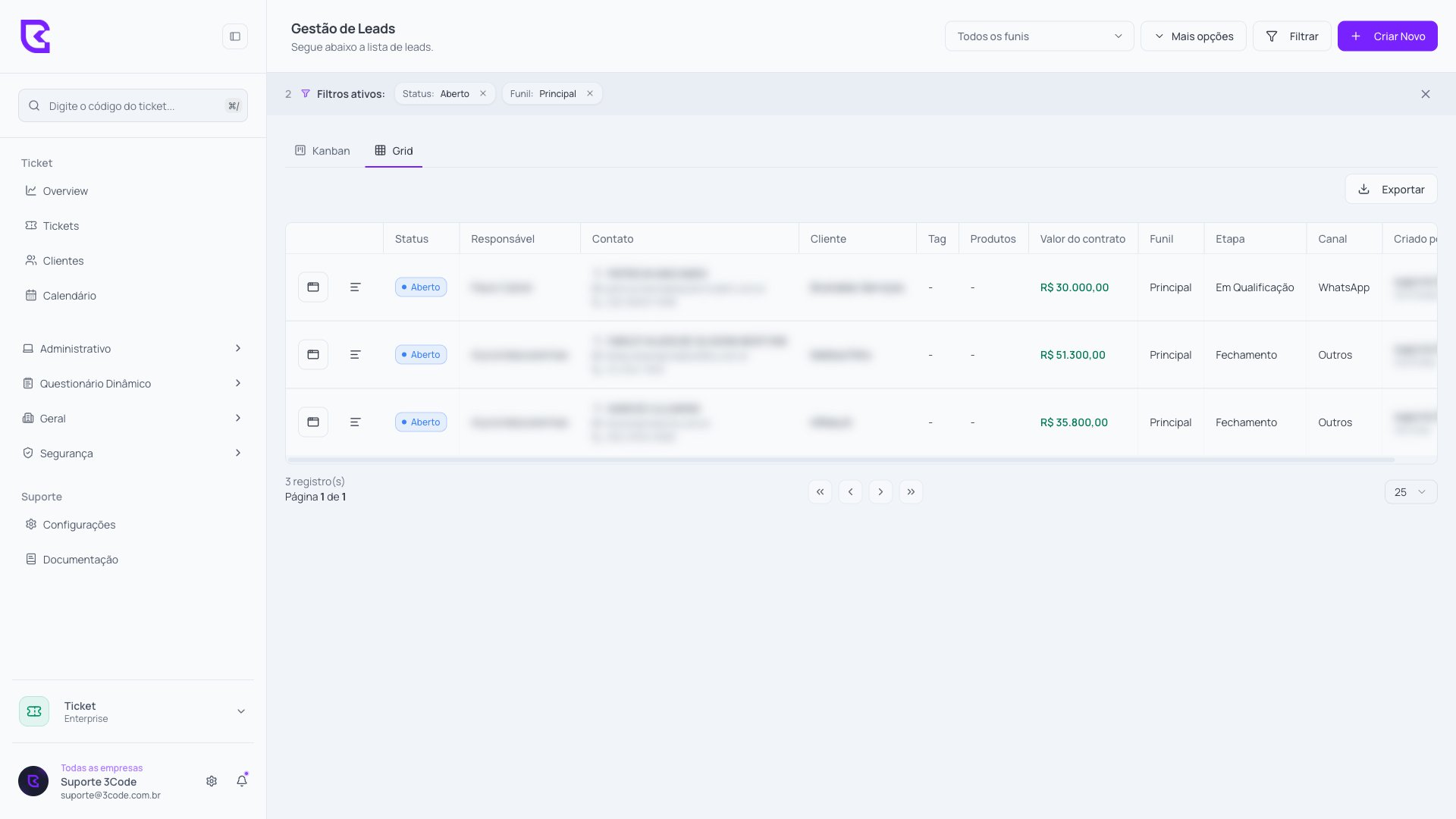 Lista de leads (Grid) - tema escuro