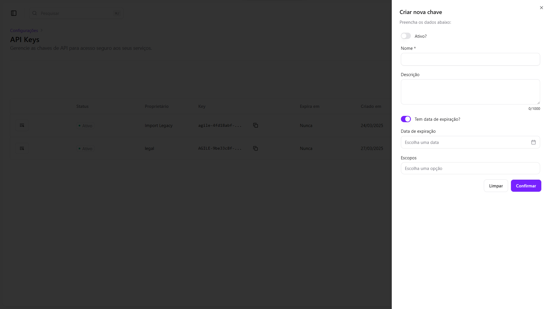 Configurações de aparência - tema escuro