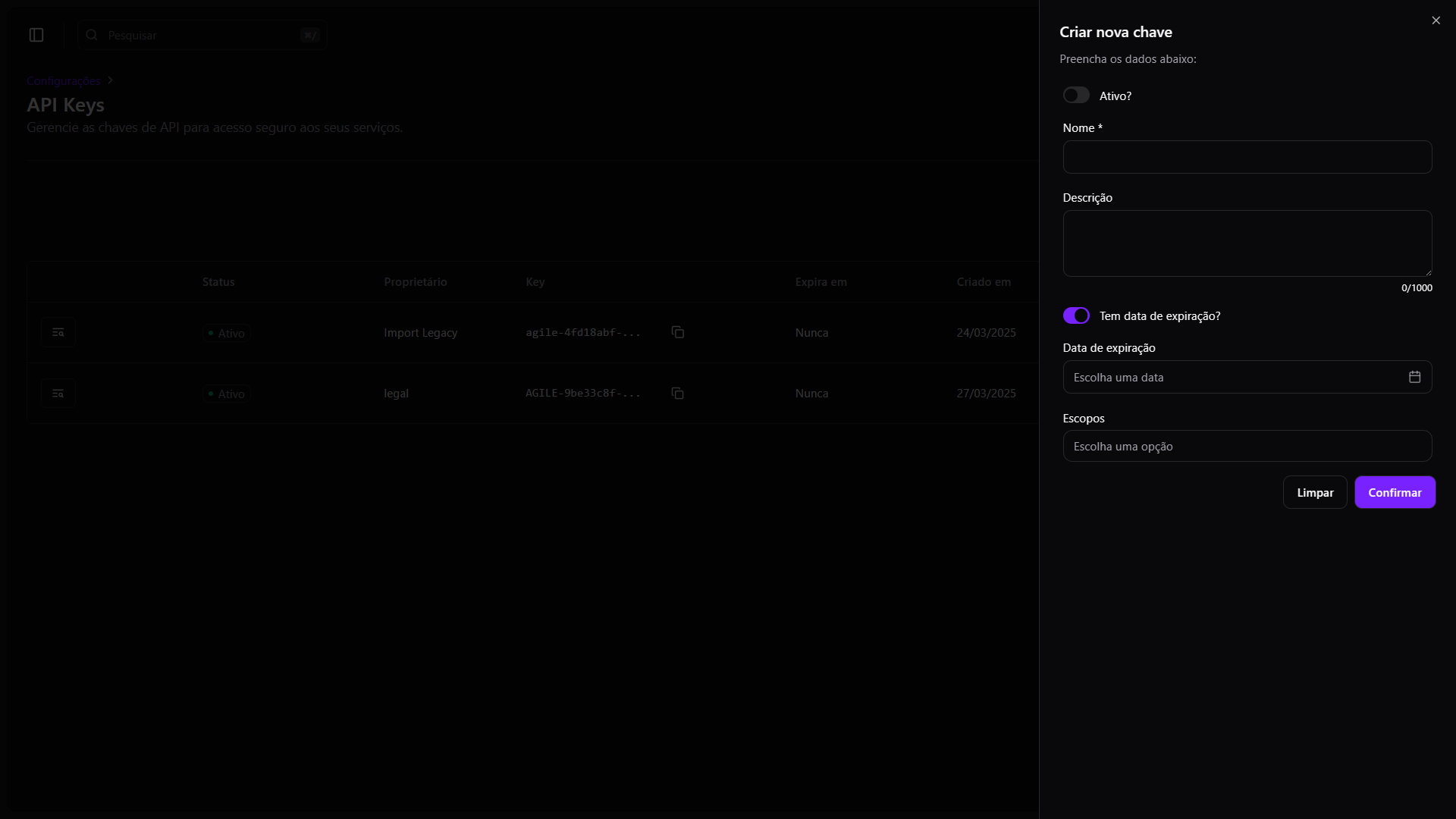 Configurações de aparência - tema claro
