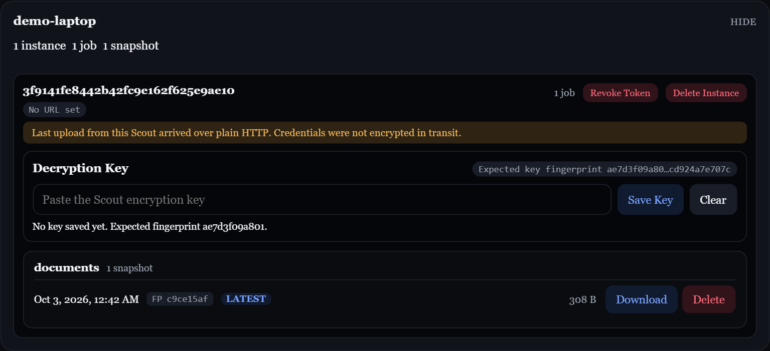 Station snapshot list showing a Scout instance, decryption key controls, and Download and Delete buttons