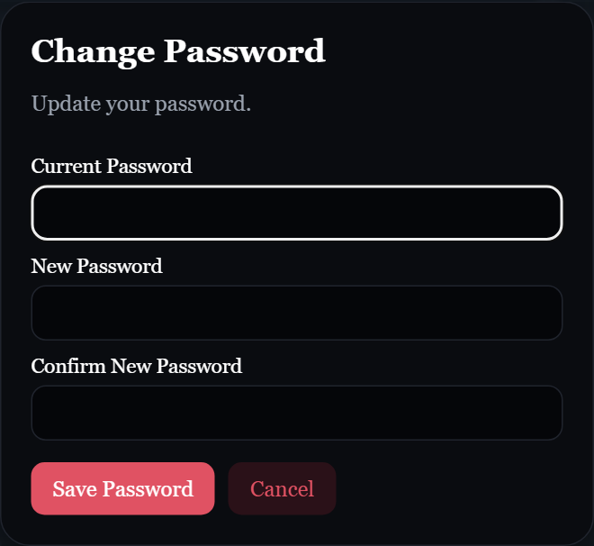 Change Password dialog with current password, new password, and confirmation fields