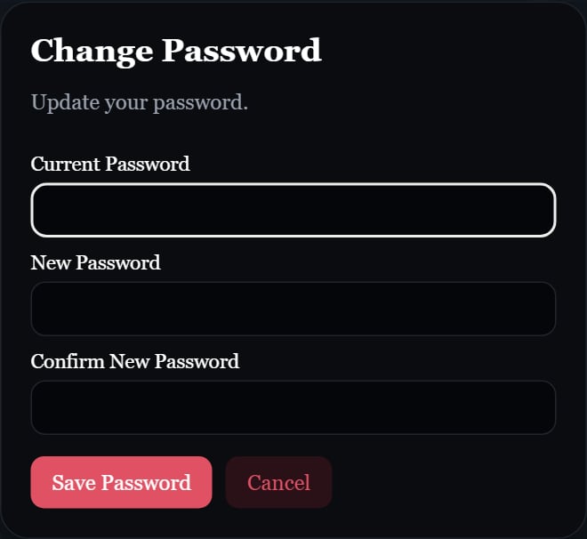 Change Password dialog with current password, new password, and confirmation fields