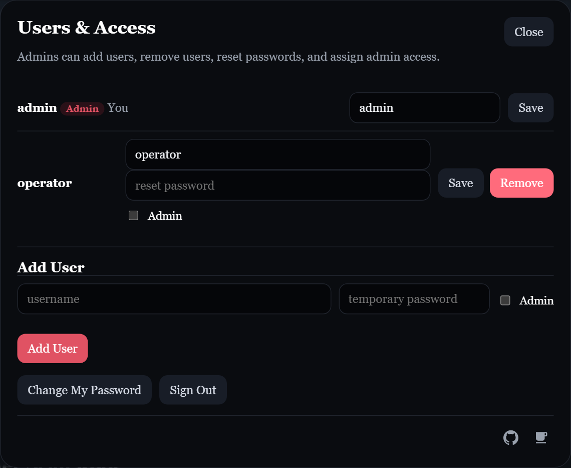 Edge Users and Access dialog showing local admin and operator accounts and account management controls