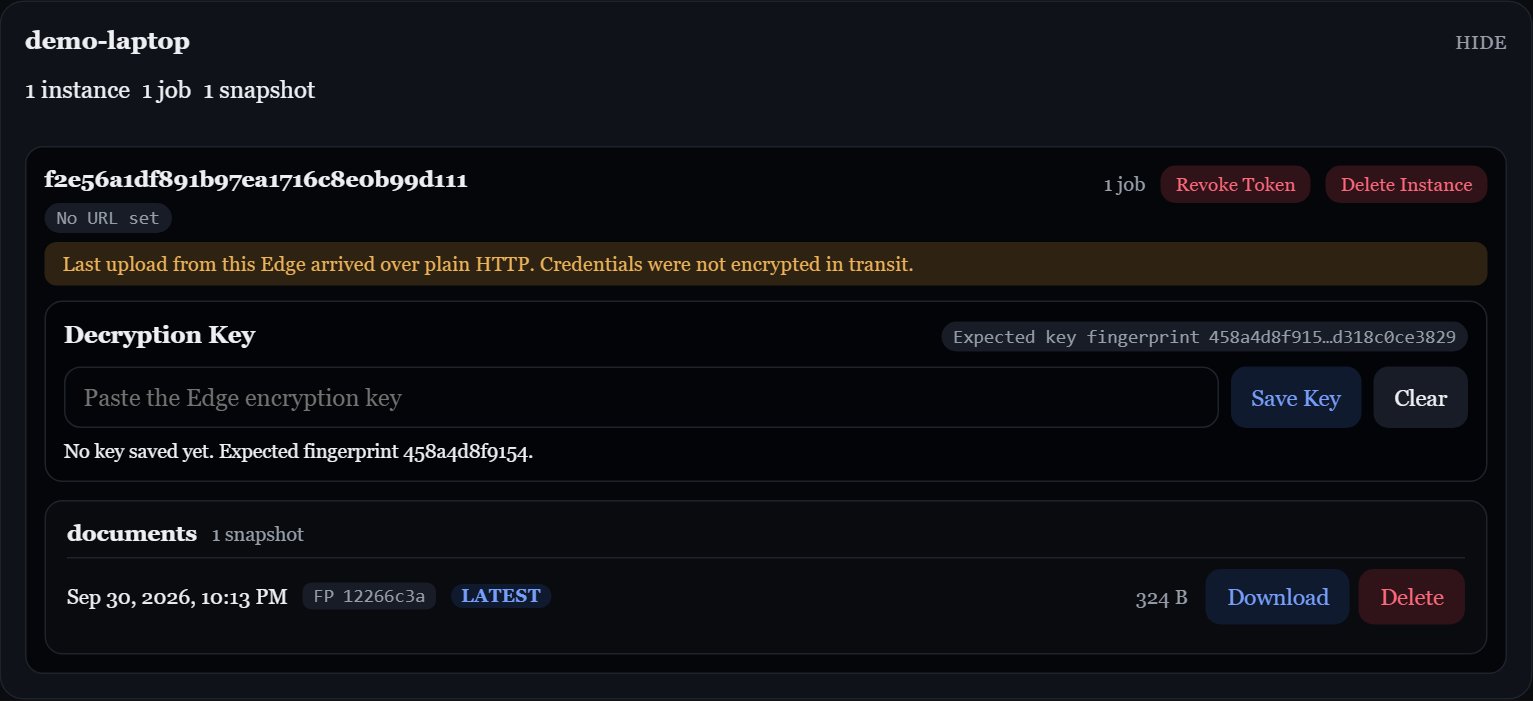 Central snapshot list showing an Edge instance, decryption key controls, and Download and Delete buttons