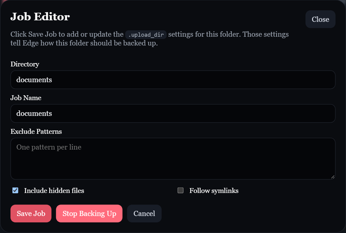 Edge Job Editor with directory, job name, exclusion patterns, hidden files, and symlink settings