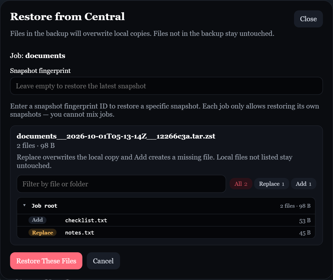 Edge restore preview with Add and Replace file actions and a Restore These Files button