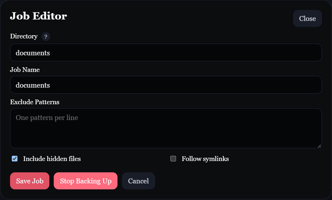Scout Job Editor with directory, job name, exclusion patterns, hidden files, and symlink settings