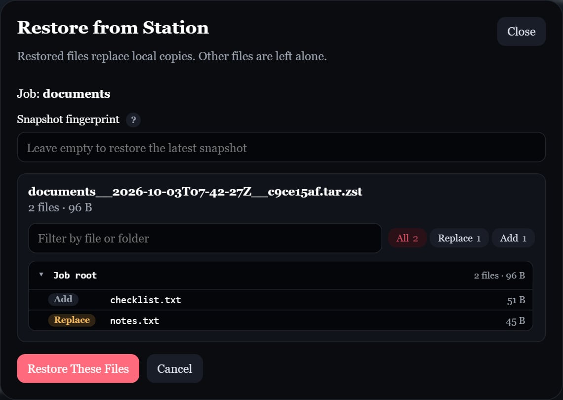 Scout restore preview with Add and Replace file actions and a Restore These Files button