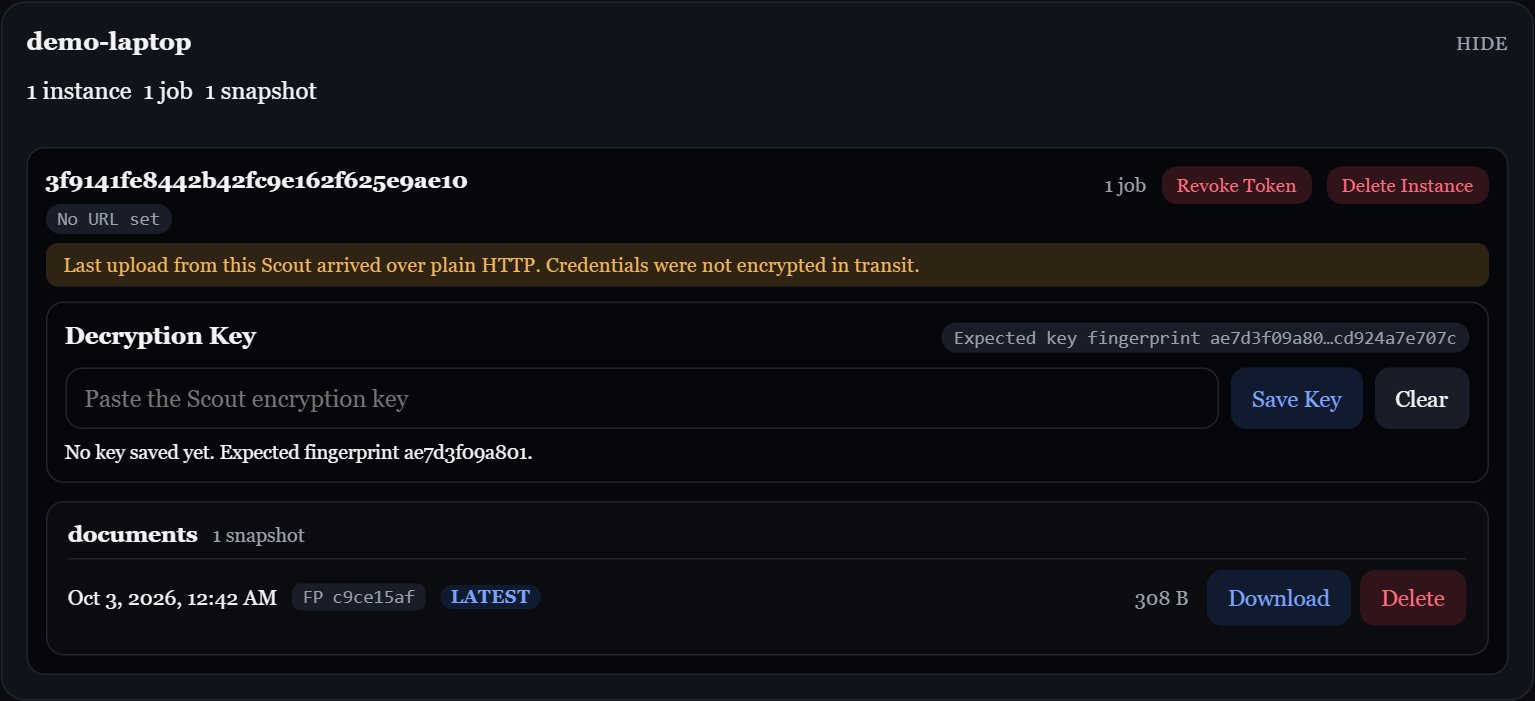 Station snapshot list showing a Scout instance, decryption key controls, and Download and Delete buttons